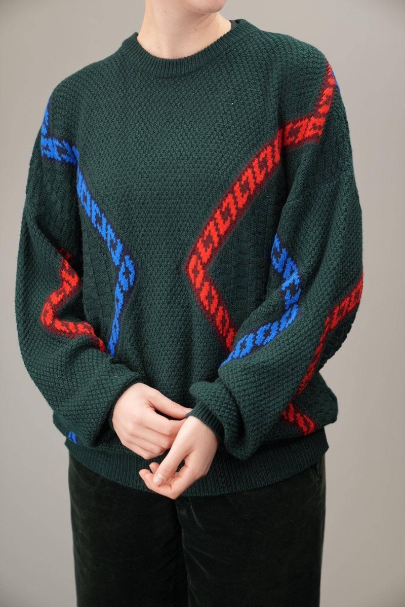 Textured Wool Knit Sweater with Contrast Wave Stripes