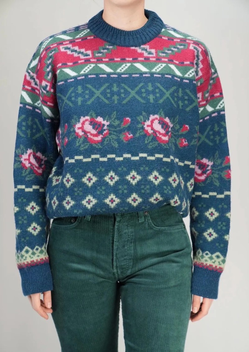 Floral Fair Isle Jacquard Wool Knit Sweater