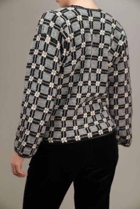 Textured plaid jacquard wool knit cardigan sweater
