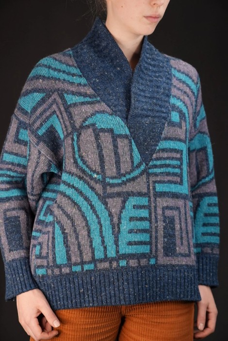 Geometric Shawl-Collar Wool Knit Sweater